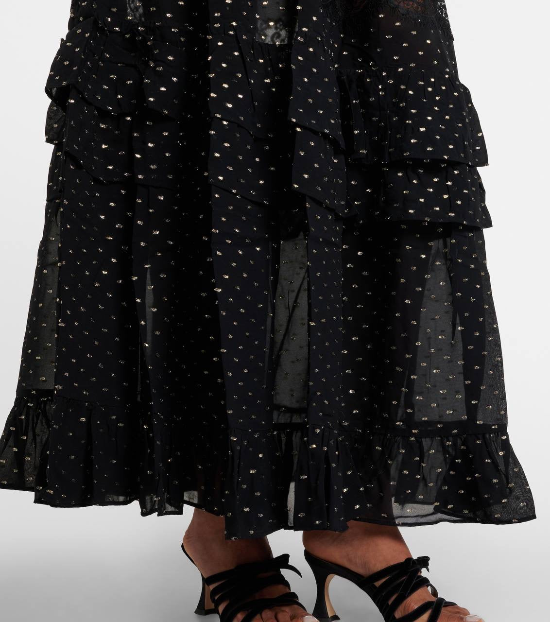 SP Black And Gold Chiffon Off Shoulder Top | Tiered Maxi Skirt | Set