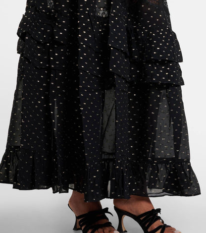 SP Black And Gold Chiffon Off Shoulder Top | Tiered Maxi Skirt | Set