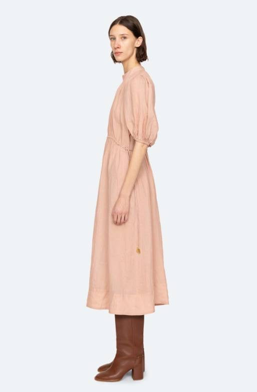 SE Anise S/S Short-Sleeved Ramie Puff Midi Dress (with detachable cotton slip)