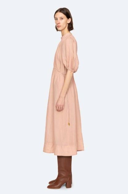SE Anise S/S Short-Sleeved Ramie Puff Midi Dress (with detachable cotton slip)