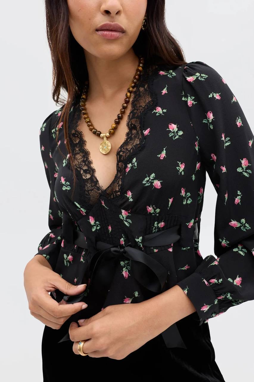RX Charis Silk Lace-trim Top in Sienna Bud Rose Black