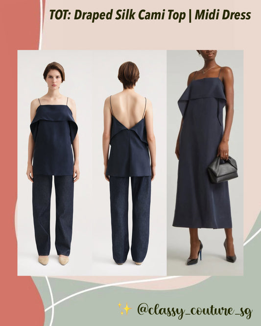 TOT Draped Silk Cami Top | Midi Dress in Navy