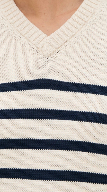 JK Cotton Kate V-Neck Pullover Sweater in Ivory/Navy Stripe