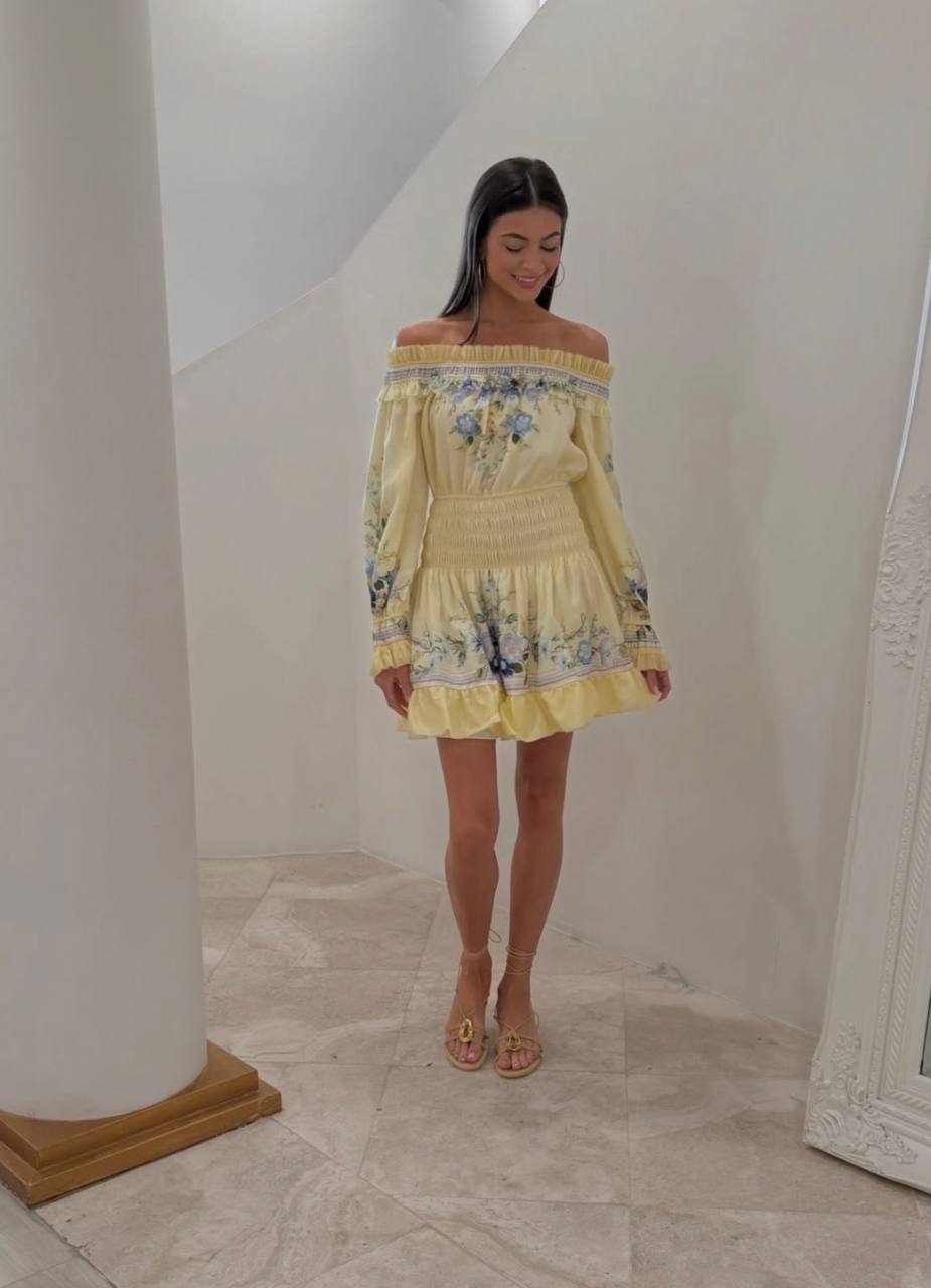 SP Yellow Floral Cotton-Silk Organza Ruffle Off-Shoulder Mini Dress