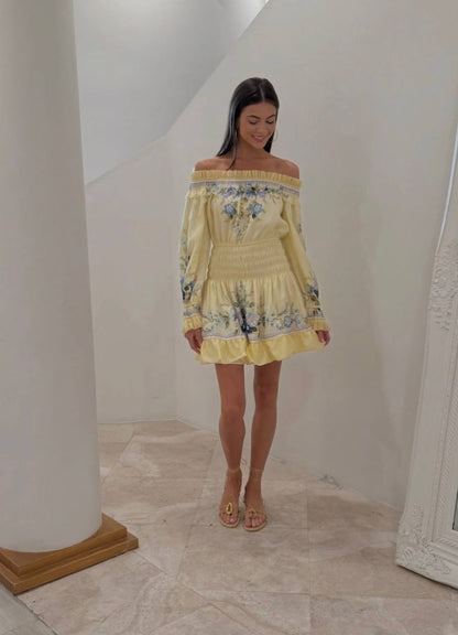 SP Yellow Floral Cotton-Silk Organza Ruffle Off-Shoulder Mini Dress