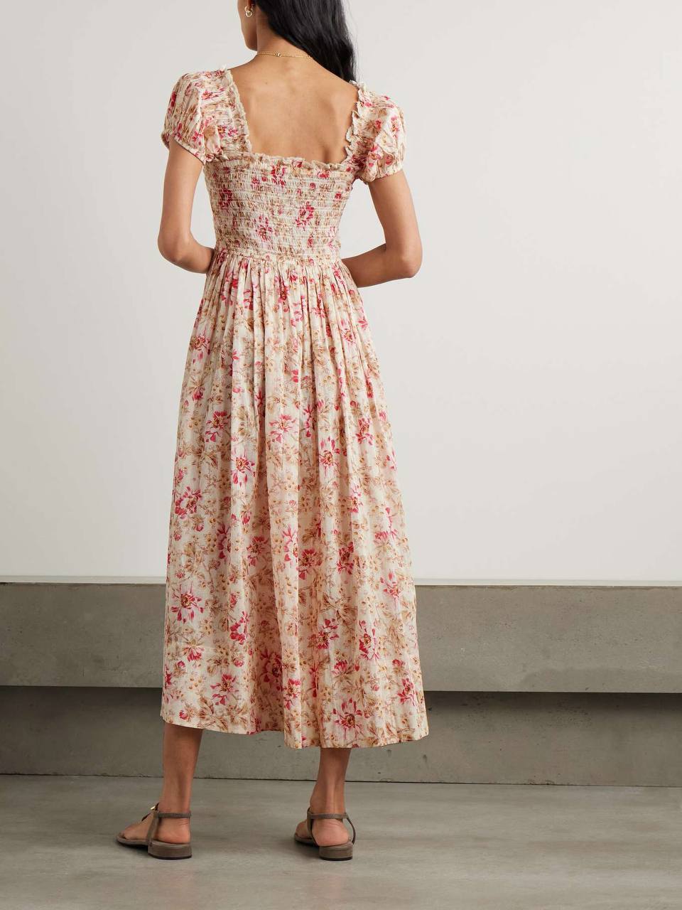 DN Floral Smocked Organic-cotton Midi Dress