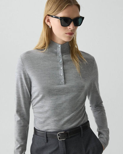 TH Shirred Henley Regal Wool Sweater Quarter Button Long Sleeve Top
