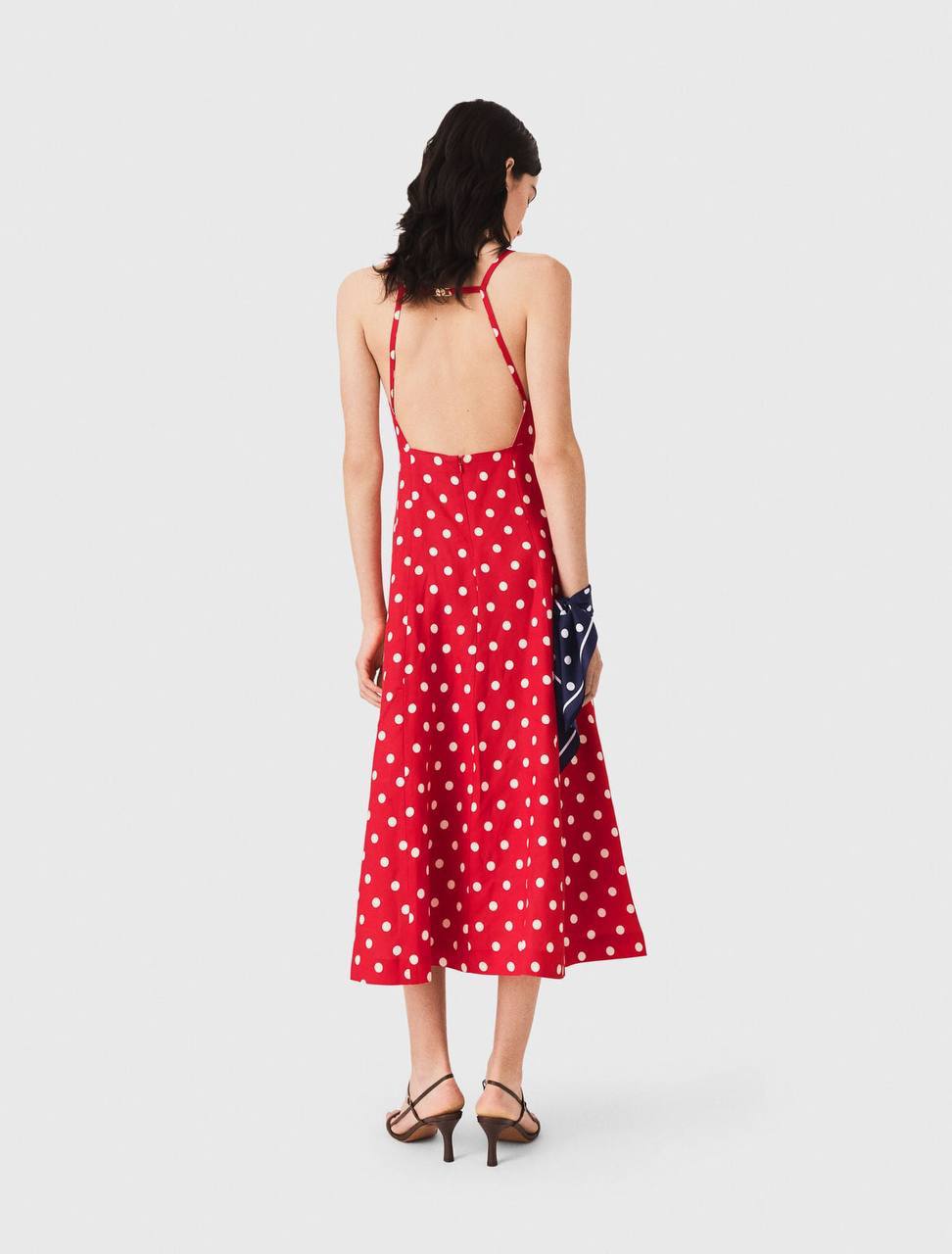 MJ Backless Linen-Blend Red Polka Dot Maxi Dress