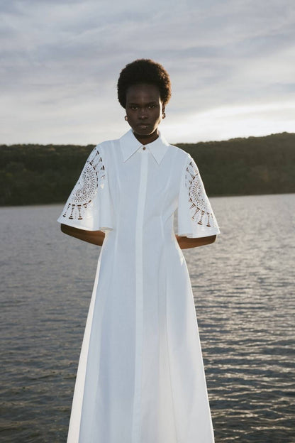 CLE Valentina Linen-cotton Lace-sleeve Midi Maxi Dress