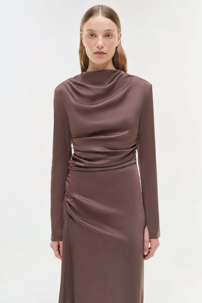 SK Odessa Ruched Long Sleeve Satin Midi Dress in Chocolate brown