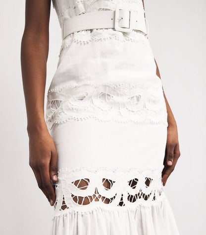 SP White Linen Lace Insert Belted Midi Dress