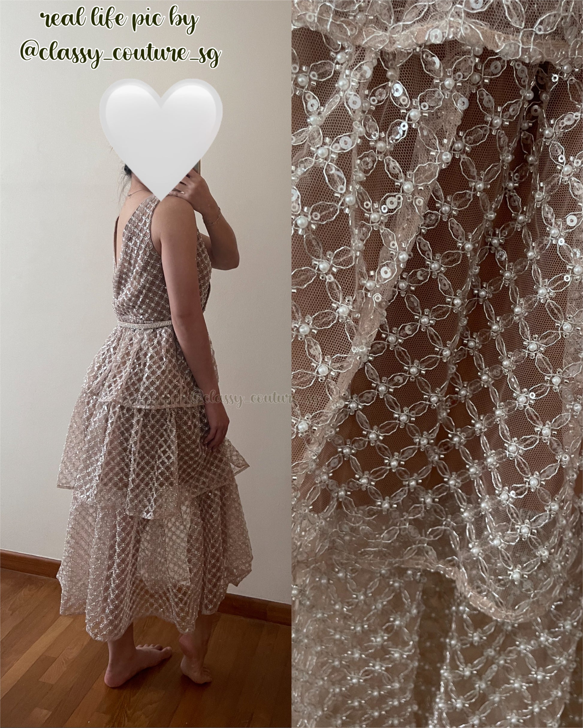 tan grid sequin tiered midi dress SELF-PORTRAIT Grid Sequin Midi Dress