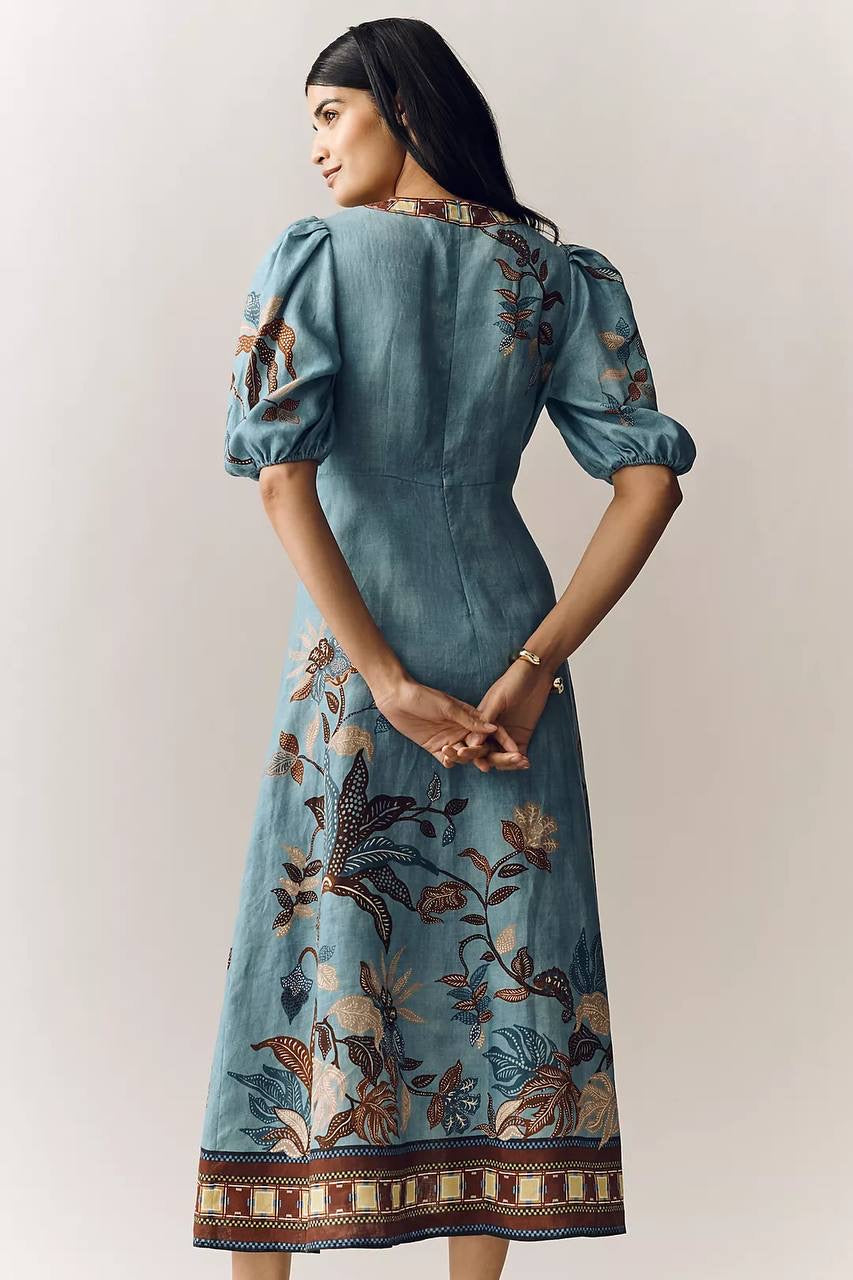 ALM Georgie Puff Sleeve Linen Midi Dress