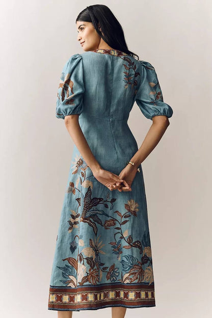 ALM Georgie Puff Sleeve Linen Midi Dress