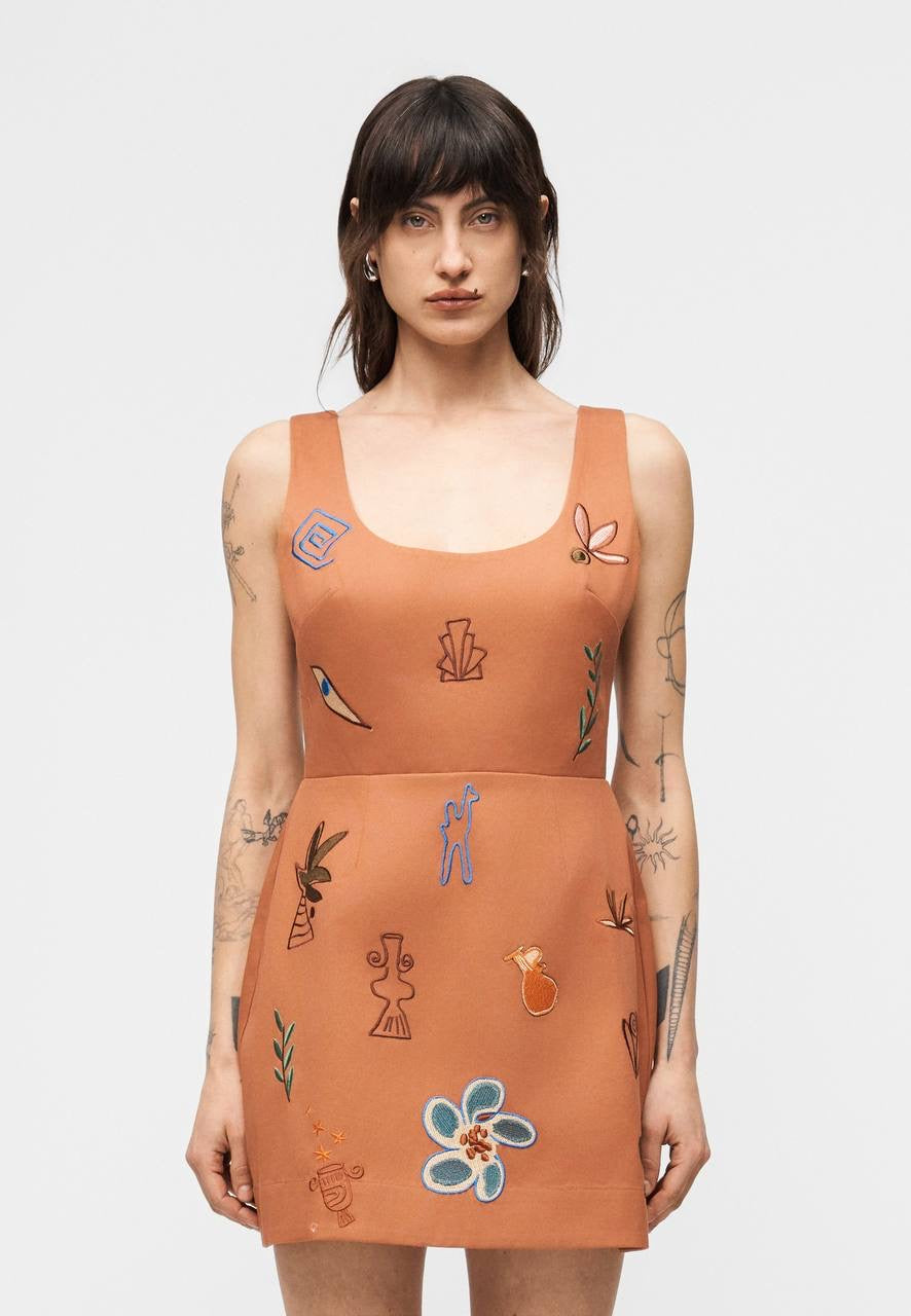 ALM Dusty Embroidered Cut Out Cotton Mini Dress In Orange