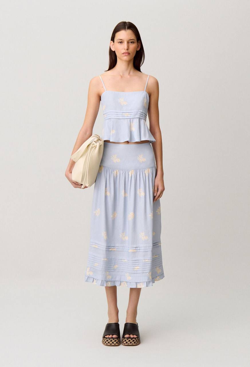 CP Floral-Print Linen-Blend Midi Skirt