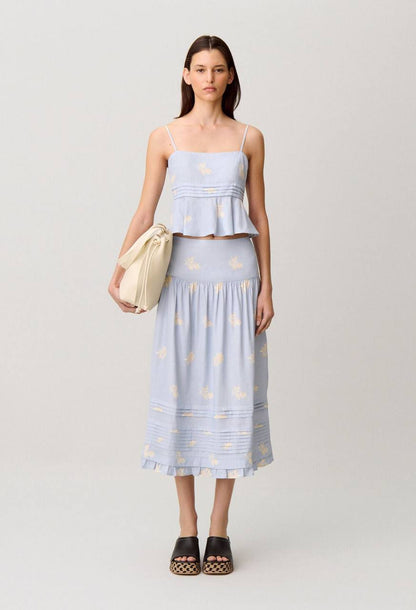 CP Floral-Print Linen-Blend Midi Skirt