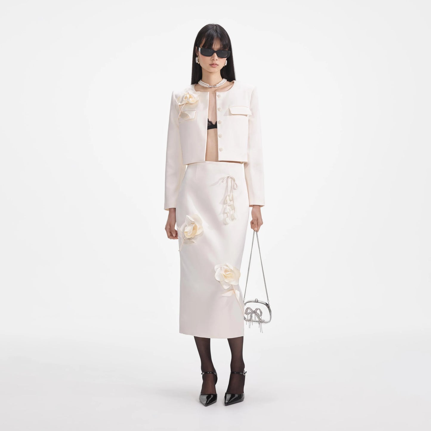 SP Cream 3D Flower Satin Jacket | Midi Skirt