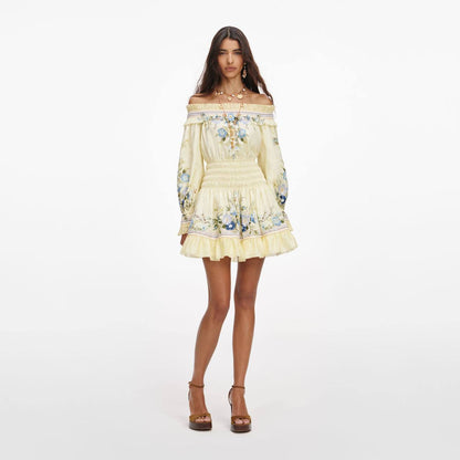 SP Yellow Floral Cotton-Silk Organza Ruffle Off-Shoulder Mini Dress