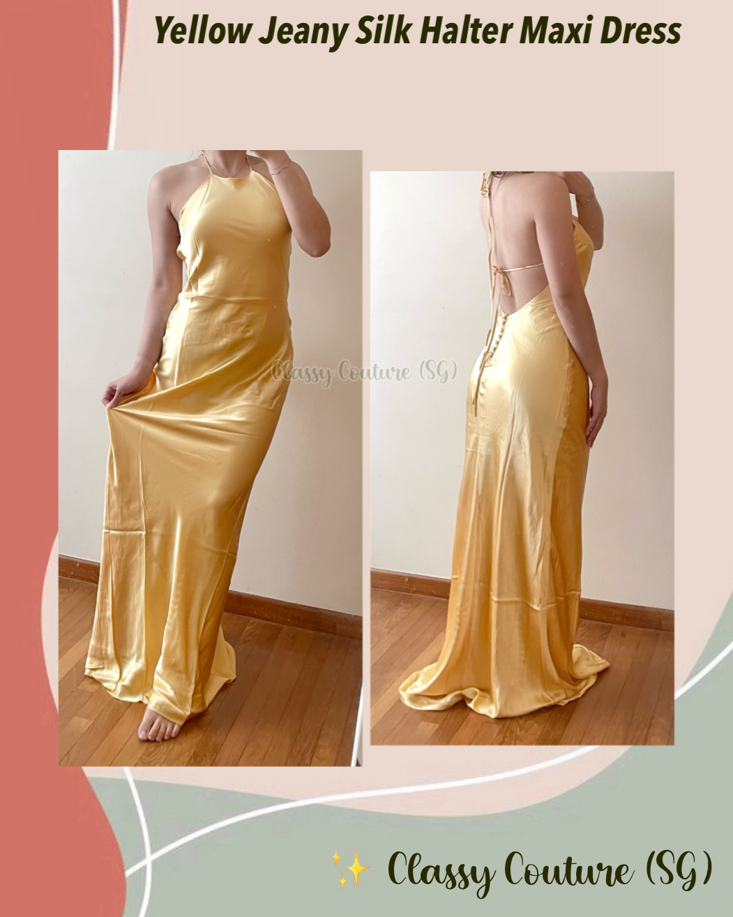 Yellow Jeany Silk Halter Maxi Dress Gown
