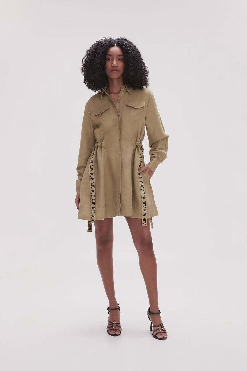 AJ Eternal Logo Mini Dress in Black and Desert Khaki Linen-Rayon