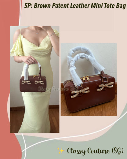SP Brown Patent Leather Bow-embellished Mini Tote Bag Handbag