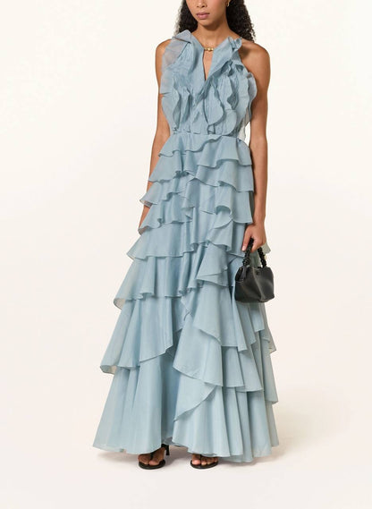 AJ Cleo Ruffle Tiered Organza Keyhole Gown Maxi Dress