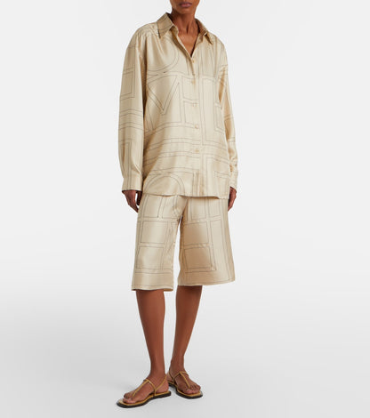 Tot Classic Monogram Embroidered Silk Satin Shirt | Bermuda Culottes Long Shorts | PJ Set