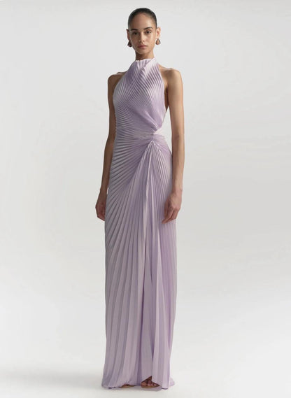 ALC Romy Halter Pleated Satin Gown Maxi Dress
