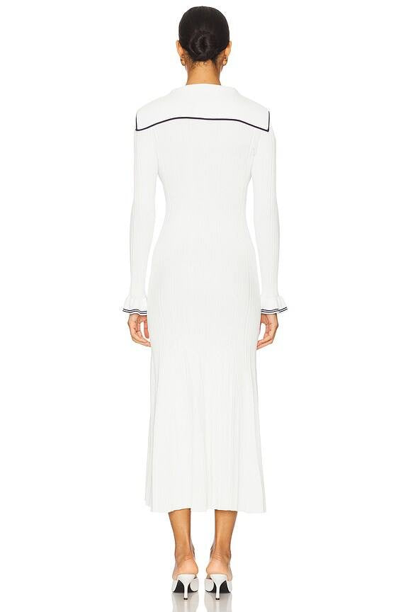 SP White Viscose Rib Knit Collar Long Sleeve Midi Dress