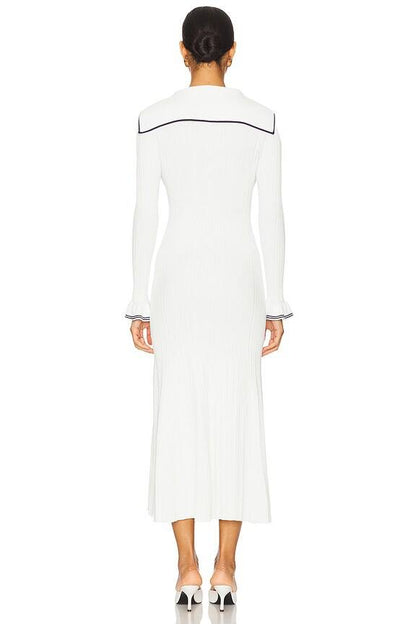 SP White Viscose Rib Knit Collar Long Sleeve Midi Dress