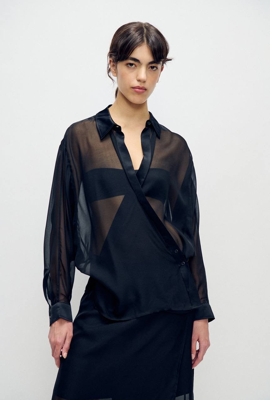 SL 8-Momme Silk Chiffon Crossover Shirt