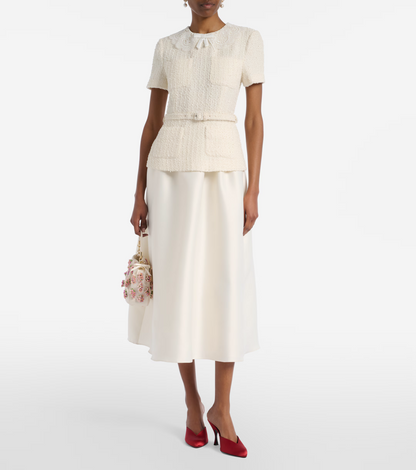 Cream Boucle and Taffeta Short Sleeve Midi Dress with Lace-trim Collar