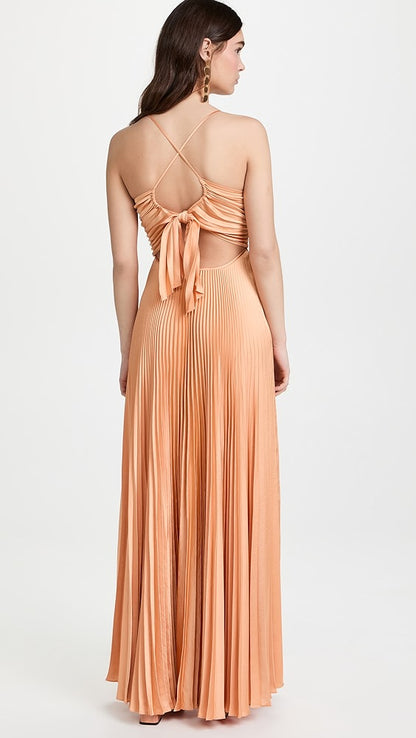 ALC Aries Pleated Maxi Dress in Bella Bronze Pink and Mandarin Orange