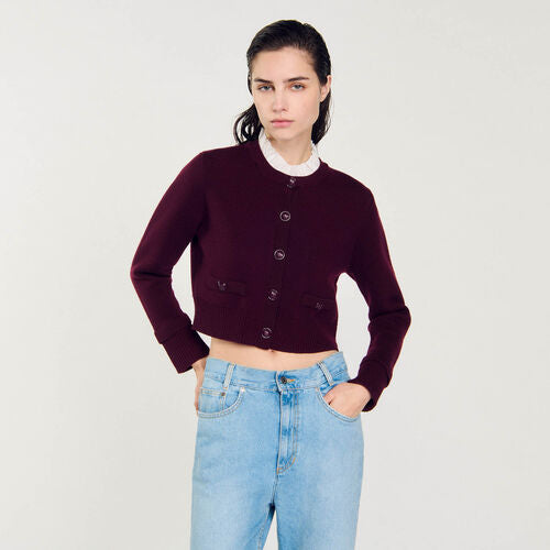 SD Knit Cardigan with Detachable Ruffled Collar in Burgundy Red Wool-Blend