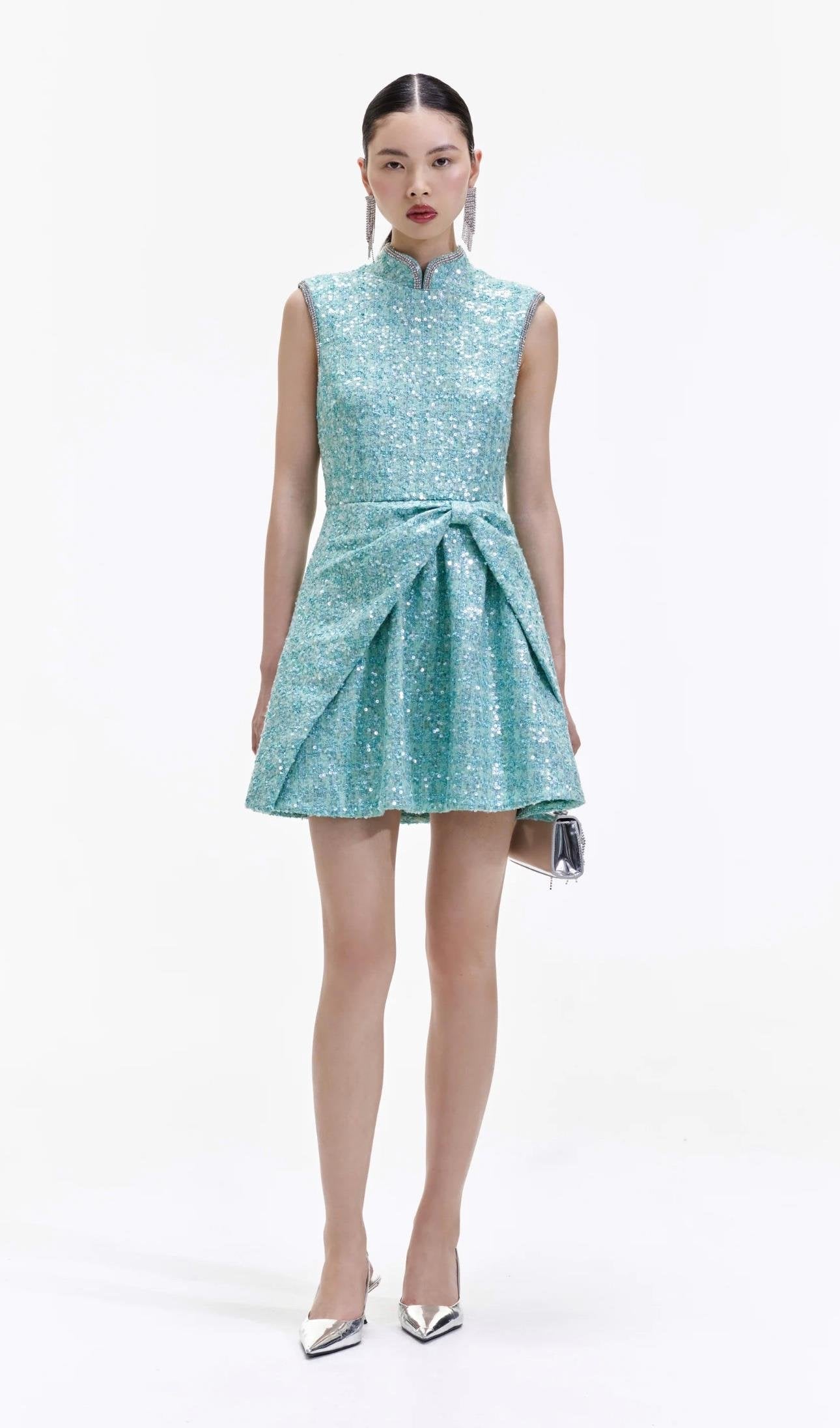 SALE! SP Mint Turquoise Green Boucle Sequin Gathered Mini Dress