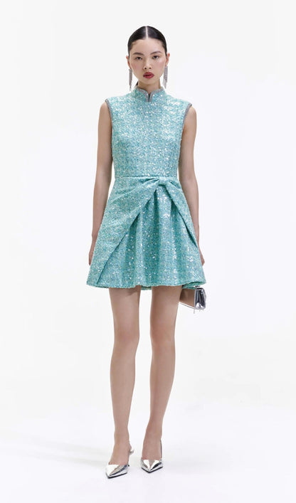 SALE! SP Mint Turquoise Green Boucle Sequin Gathered Mini Dress