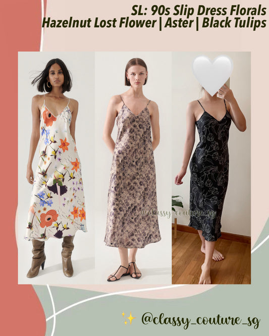 SL 90s Silk Slip Midi Dress Florals: Hazelnut Lost Flower | Aster | Black Tulips