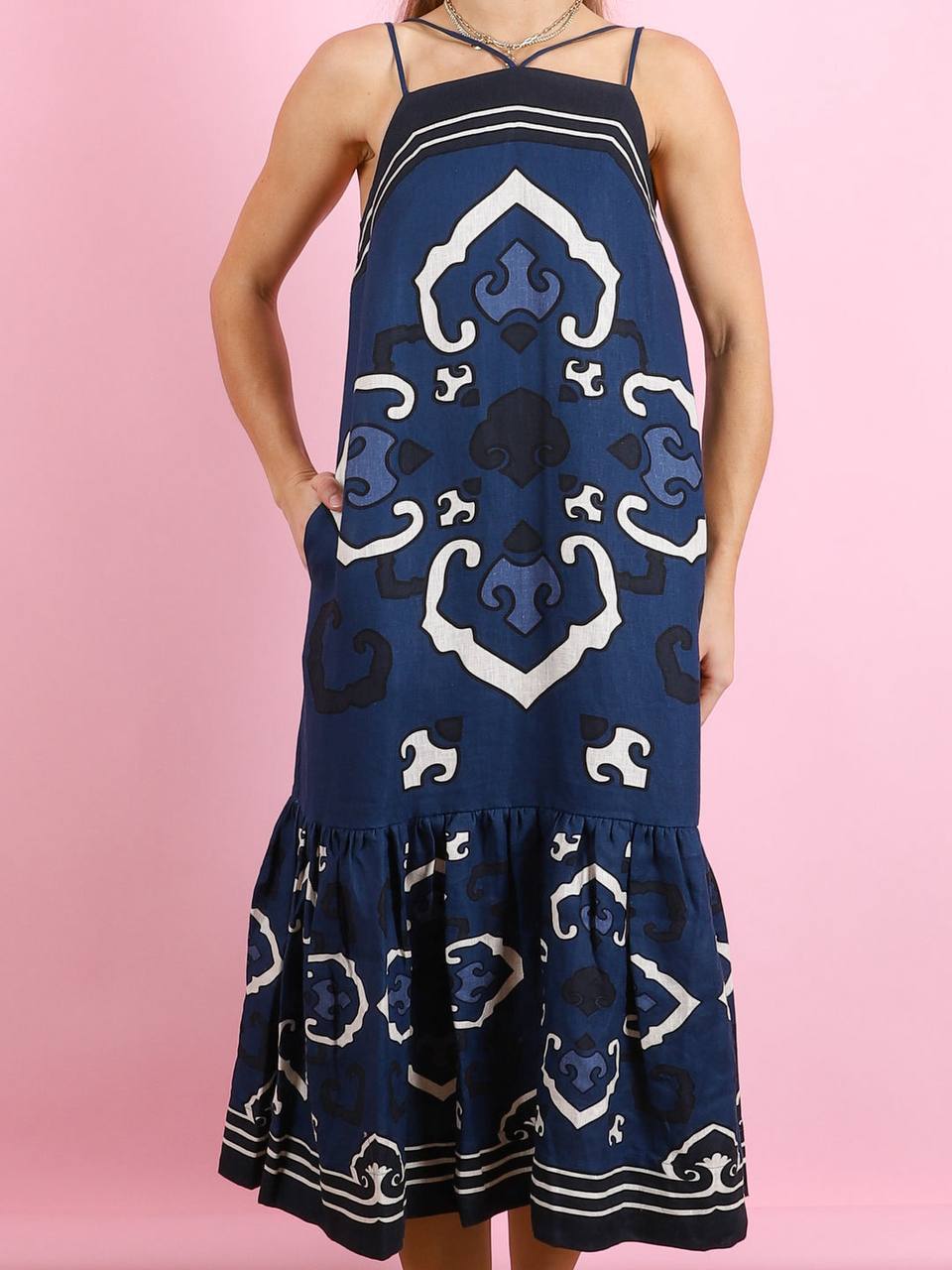 SE Blaise Linen Print Spaghetti Strap Dress