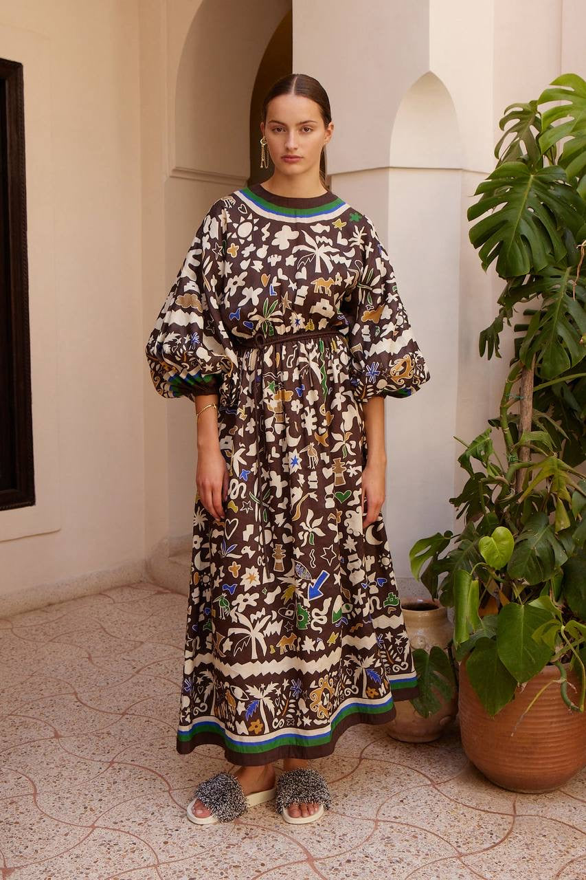 ALM Maroc Ramie Blouson-Sleeve Midi Dress