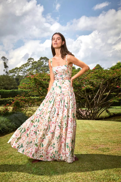 AB Lima Jardiniera Tiered Floral Linen Maxi Dress