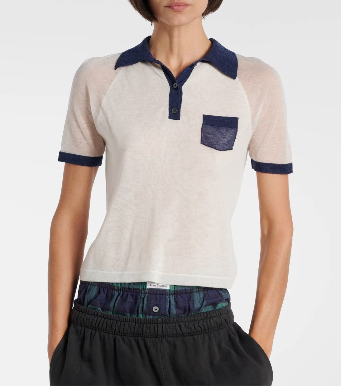 AC Lyocell-Wool Blend Colorblock Contrast Polo Semi-Sheer Sweater Shirt