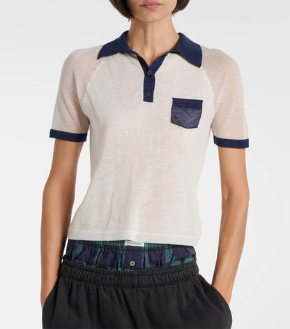 AC Lyocell-Wool Blend Colorblock Contrast Polo Semi-Sheer Sweater Shirt