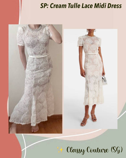 SP Cream Tulle Floral Lace Midi Dress