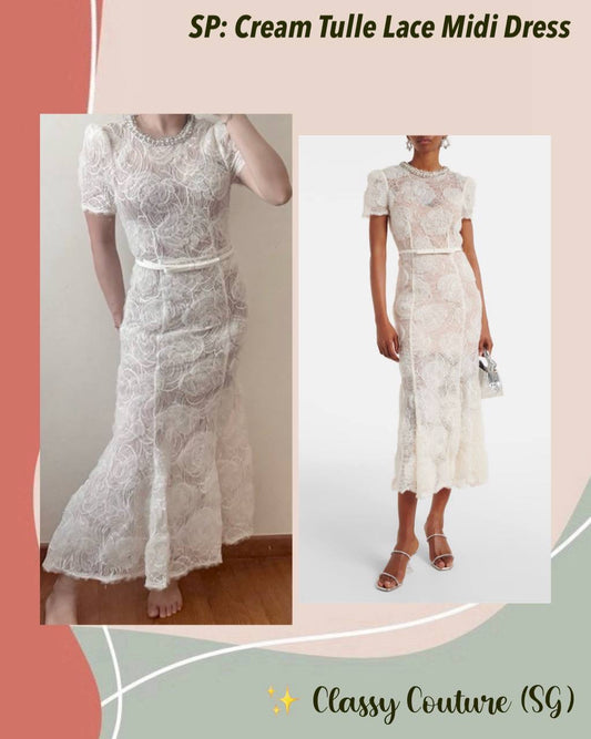 SP Cream Tulle Floral Lace Midi Dress