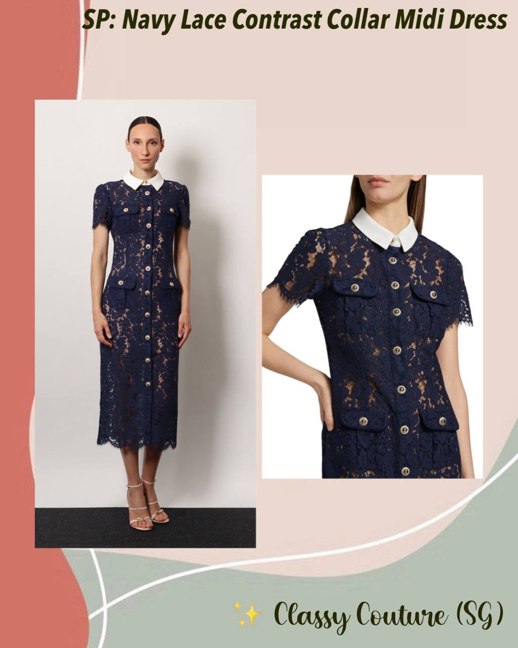 SP Navy Blue Lace Contrast Collar Midi Dress