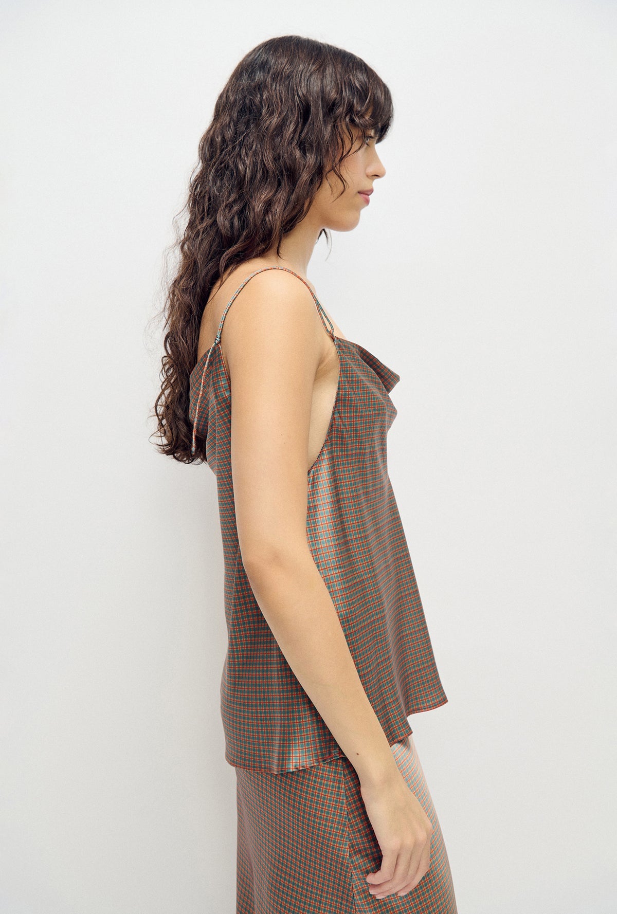 SL Drape Silk Satin Reversible Cami Top in Hammered Black & Micro Plaid