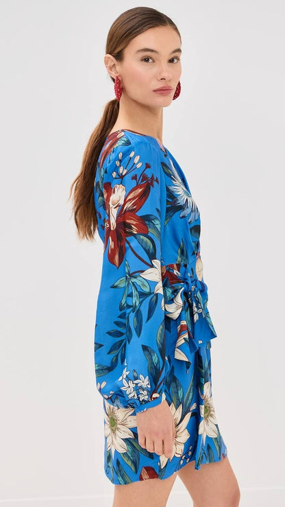 FR Blue Surreal Flowers Viscose Wrap Mini Dress