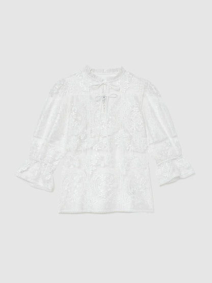 RS Demi Sheer Lace Tie-Neck Blouse Top