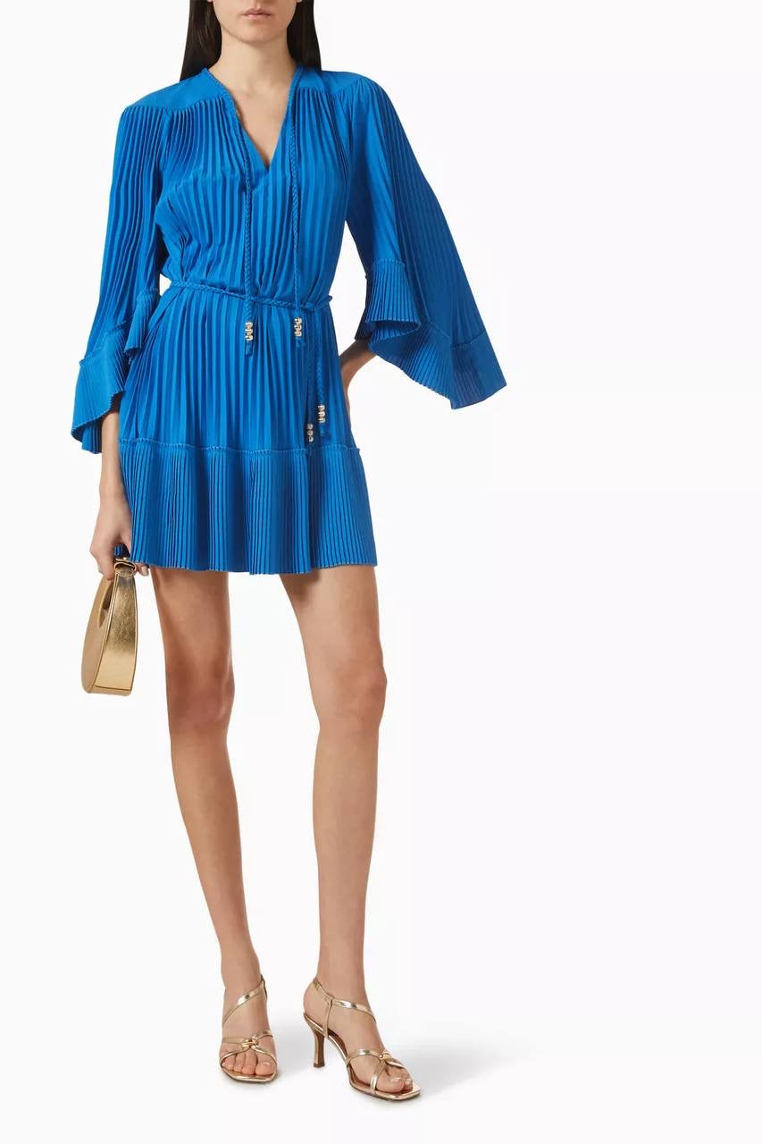 MJ Pleated Braided Drawstring Bell-sleeve Mini Dress